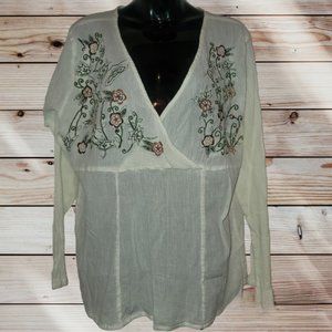 STUDIO BASIC - 2X - Embroidered White Cream Gauze Long Sleeve Blouse Shirt Top